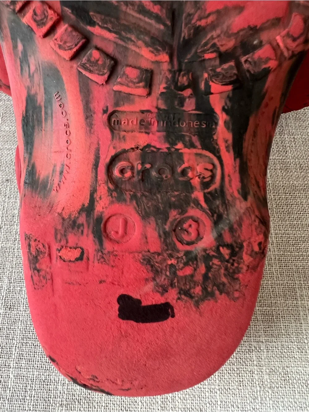 CROCS Red/Black Marble Clogs, boys/kids 3, outdoors, school playground, casual